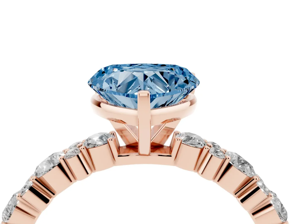 Fancy Blue Heart Cut Diamond Side Stone Solitaire Ring with Round and Four-Prong Setting Rose gold
