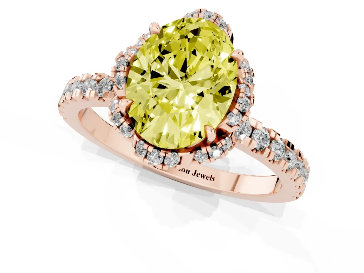 Fancy Yellow Oval Cut Halo Diamond Pave Band Ring with Four-Prong Setting Rose gold