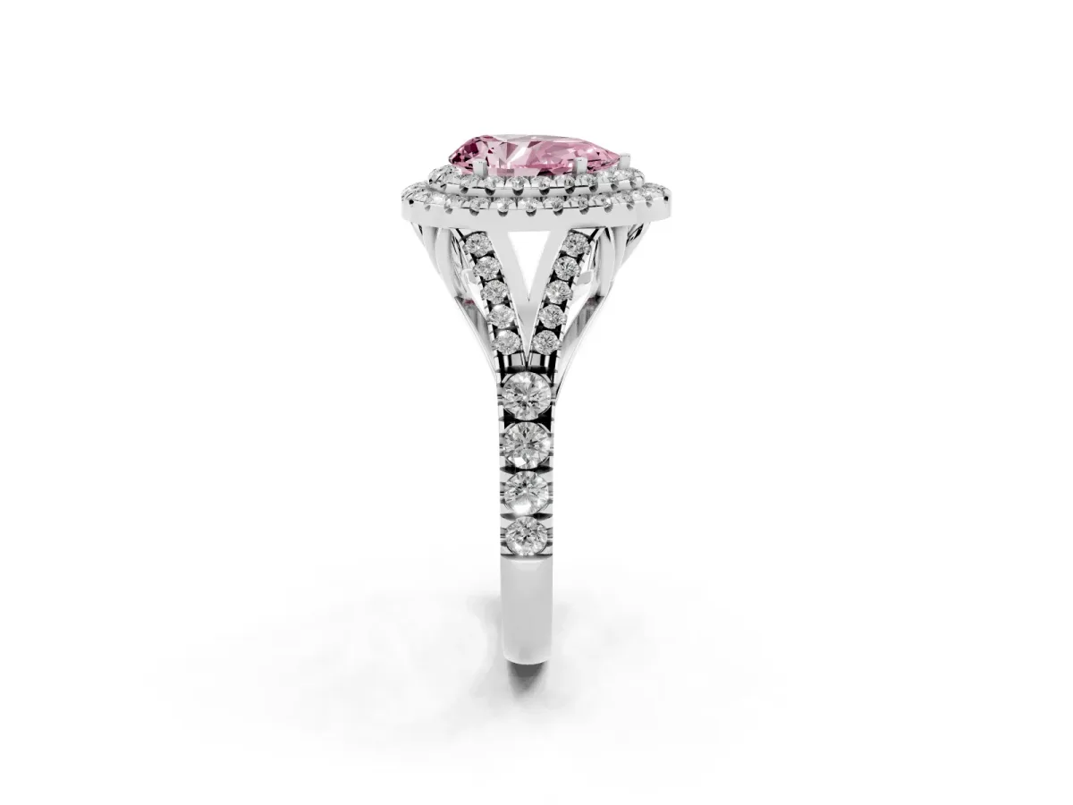 Fancy Pink Pear Cut Diamond Double Halo Ring with Split Shank and Prong Setting Platinum
