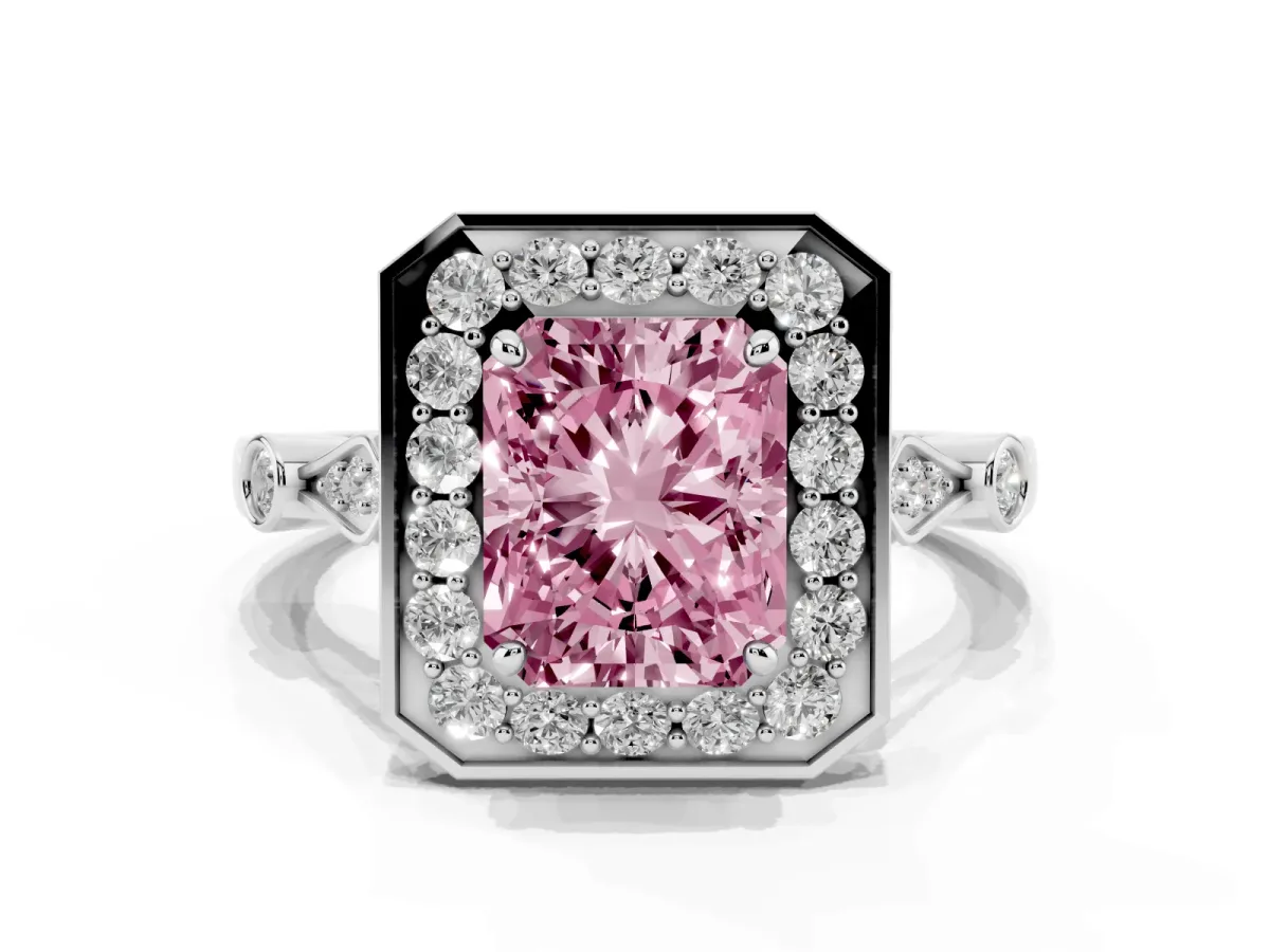 Fancy Pink Radiant Cut Halo Diamond Engagement Ring with Twisted Band and Four-Prong Setting Silver