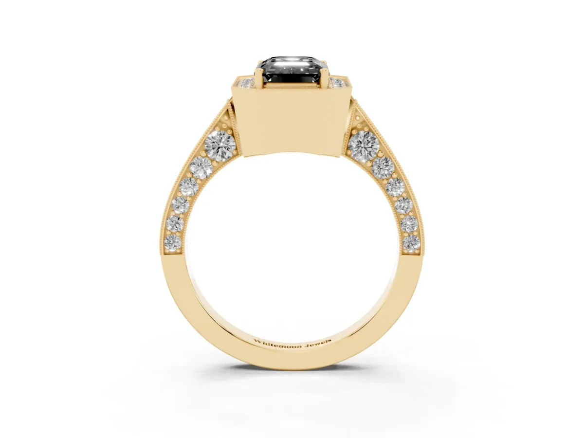 Fancy Black Emerald Cut Halo Diamond Engagement Ring with Split Shank Band and Four-Prong Setting Yellow gold