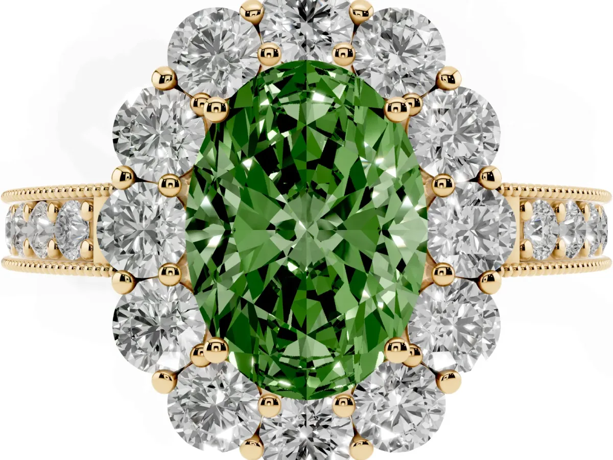 Fancy Green Oval Cut Cut Halo Diamond Pavé Engagement Ring with Milgrain Detailing Yellow gold