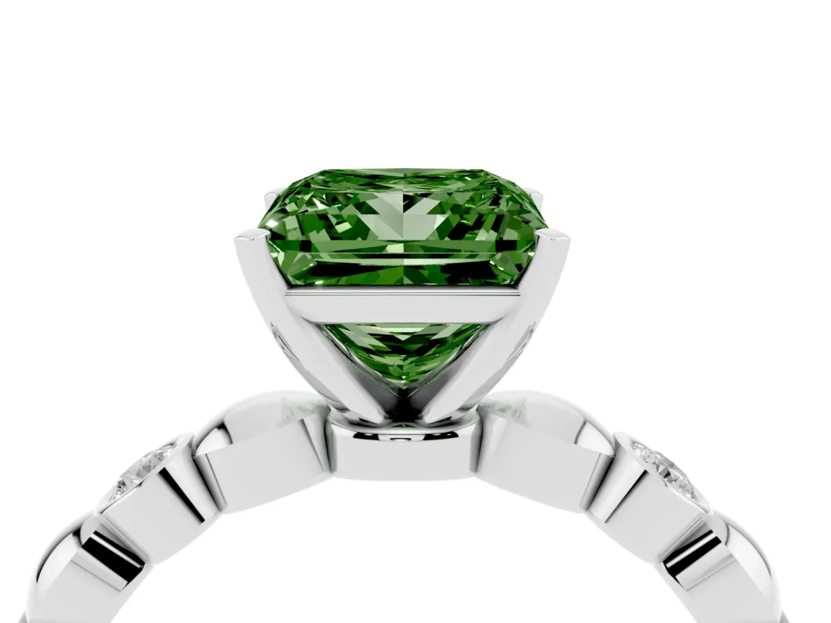 Fancy Green Princess Cut Solitaire Bezel-Set Diamond Ring with Beaded Band and Four-Prong Setting Silver
