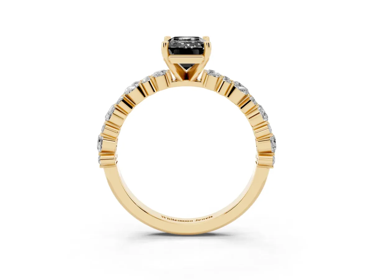 Fancy Black Emerald Cut Diamond Side Stone Solitaire Ring with Round and Four-Prong Setting Yellow gold