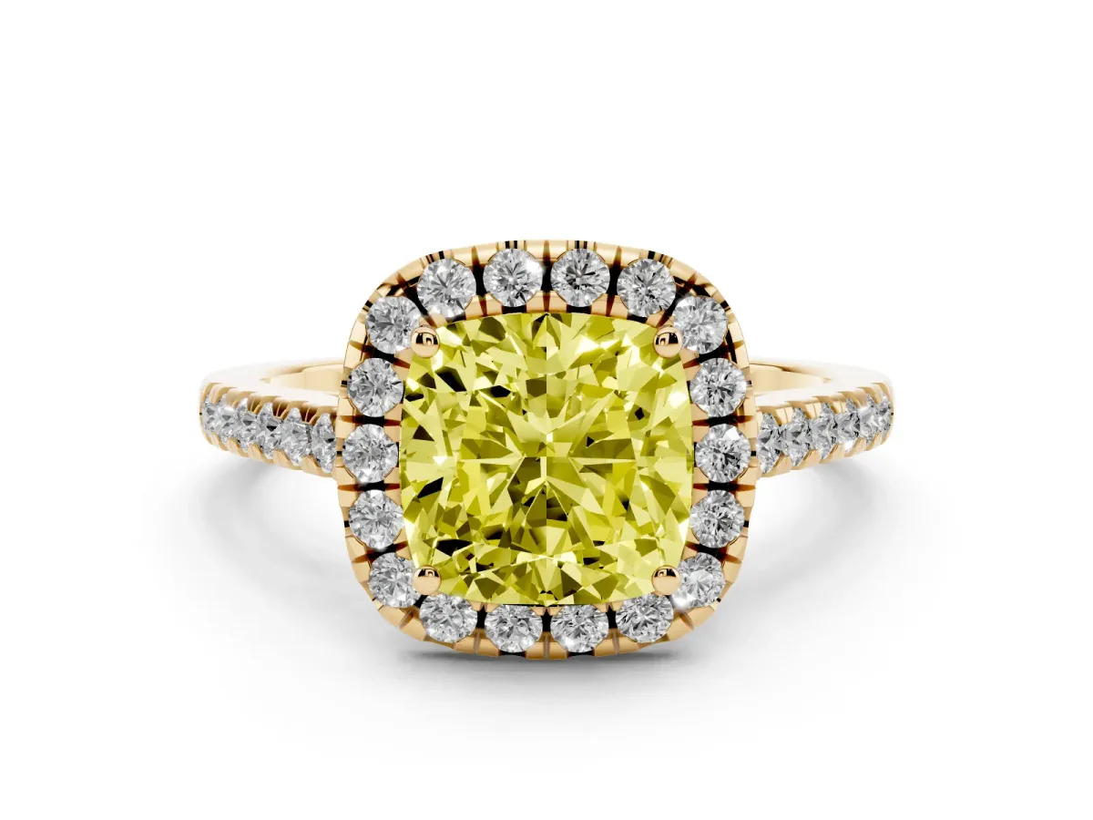 Fancy Yellow Cushion Cut Halo Pavé Diamond Engagement Ring with Four-Prong Setting Yellow gold