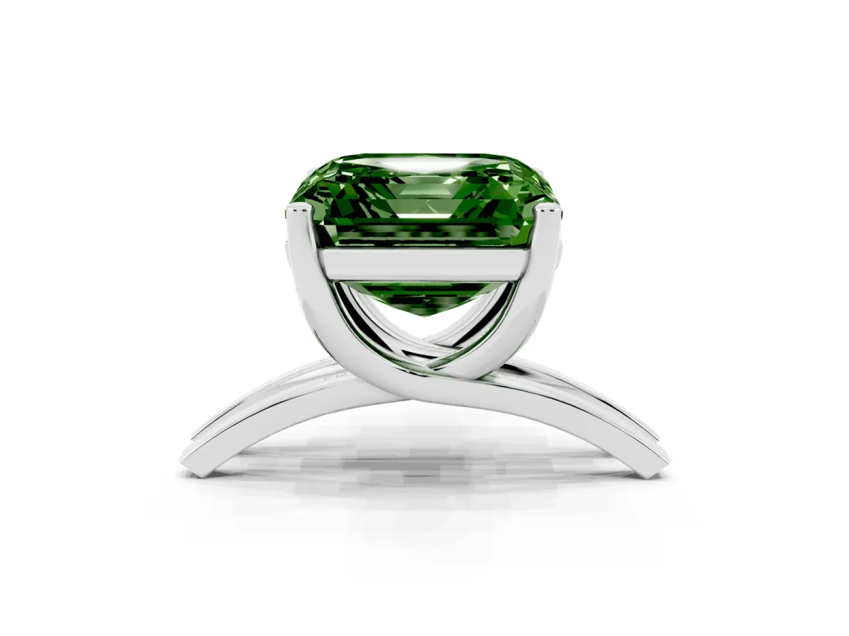 Fancy Green Asscher Cut Cut Diamond Solitaire Engagement Ring with Tapered Plain Band and Four-Prong Setting Silver