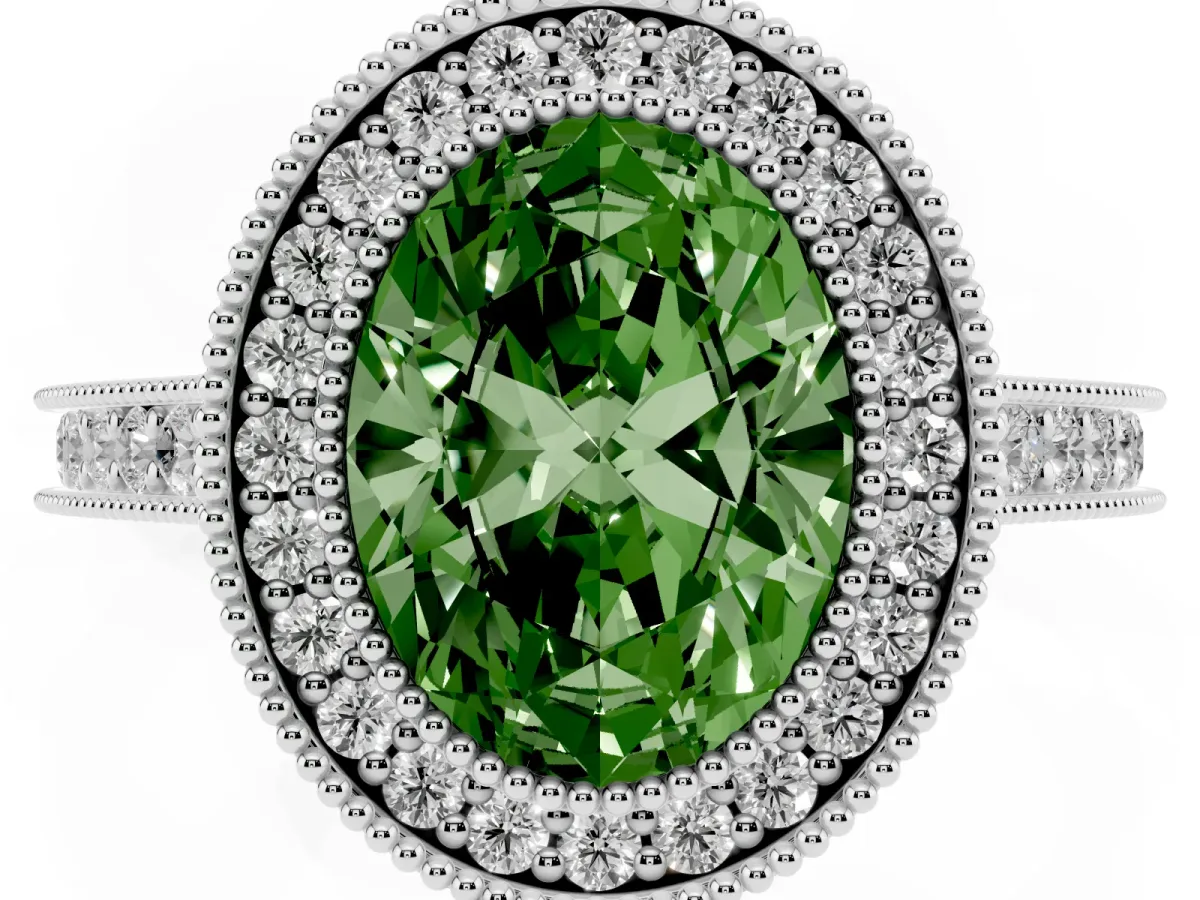 Fancy Green Halo Oval Cut-Cut Diamond Pave Band Milgrain Prong Setting Ring Silver