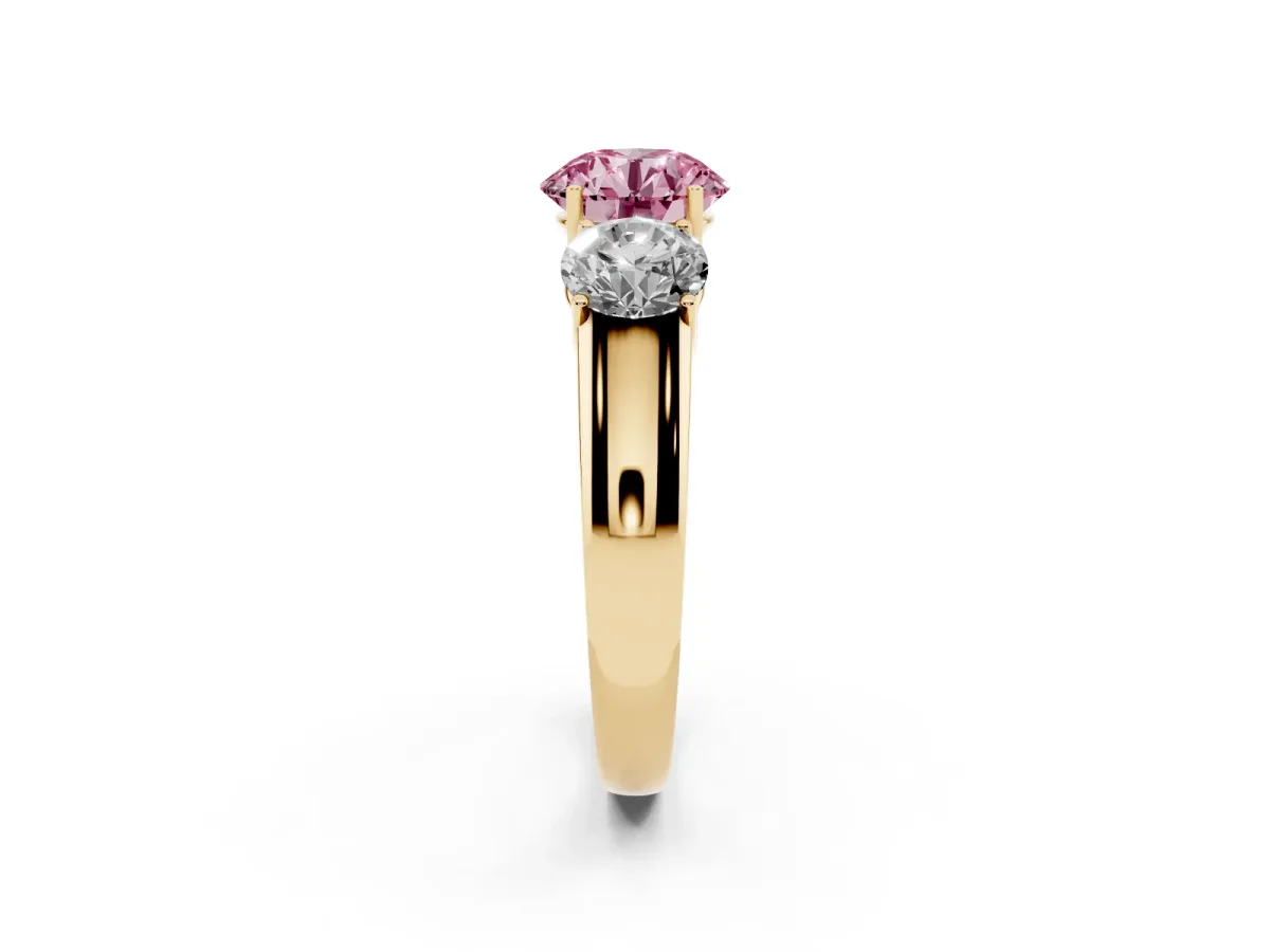 Fancy Pink Three-Stone Round Cut Cut Diamond Ring with Prong Setting and Classic Band Yellow gold