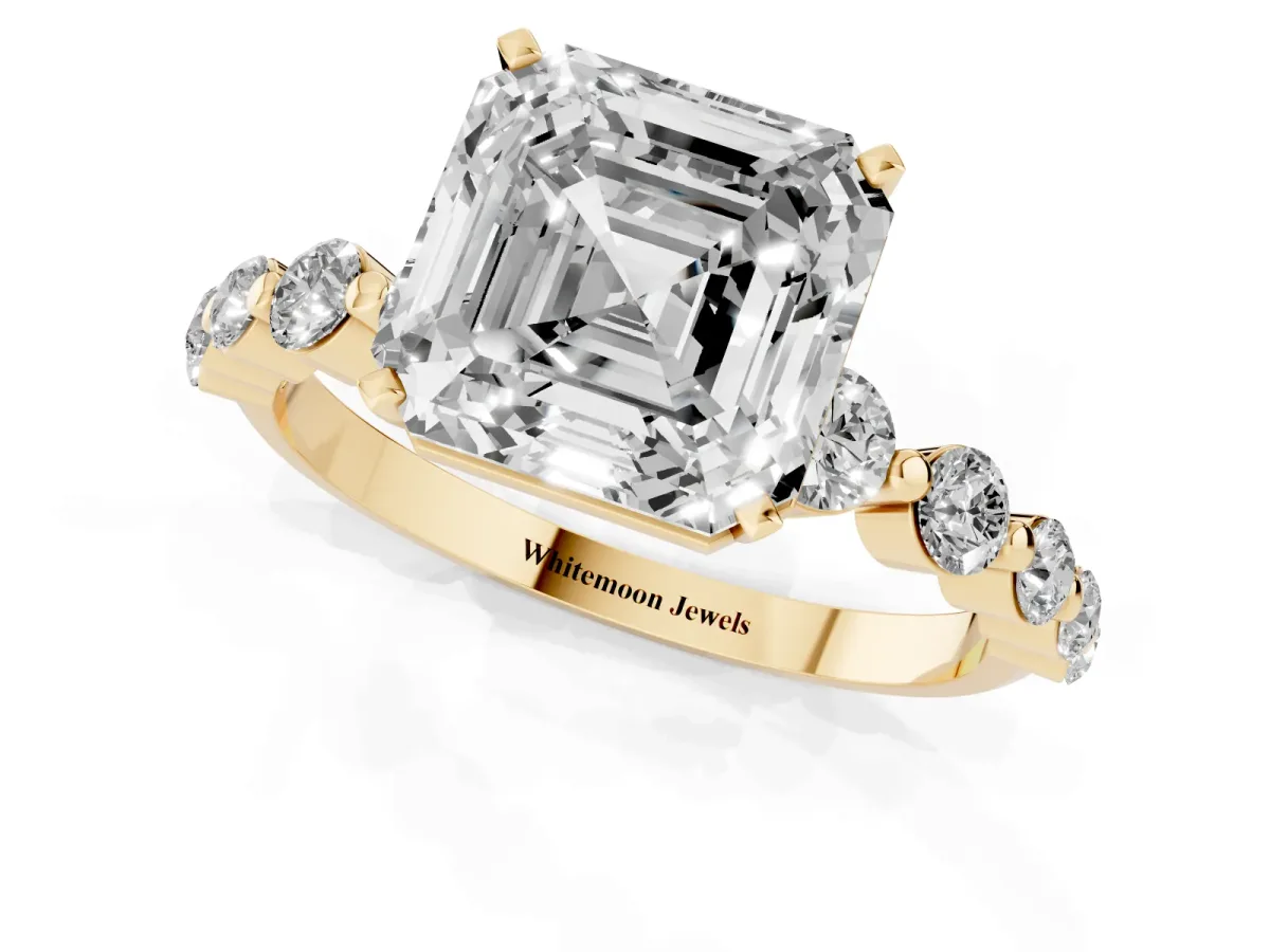 Asscher Cut Solitaire Diamond Ring with Pave Band and Four-Prong Setting Yellow gold