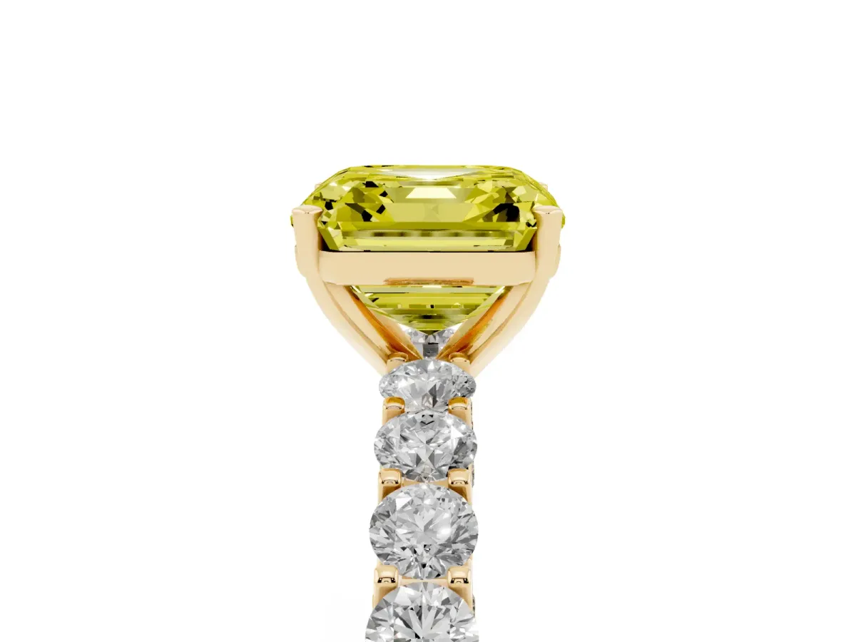 Fancy Yellow Asscher Cut Diamond Solitaire Ring with Shared Prong Pavé Band and Four-Prong Setting Yellow gold