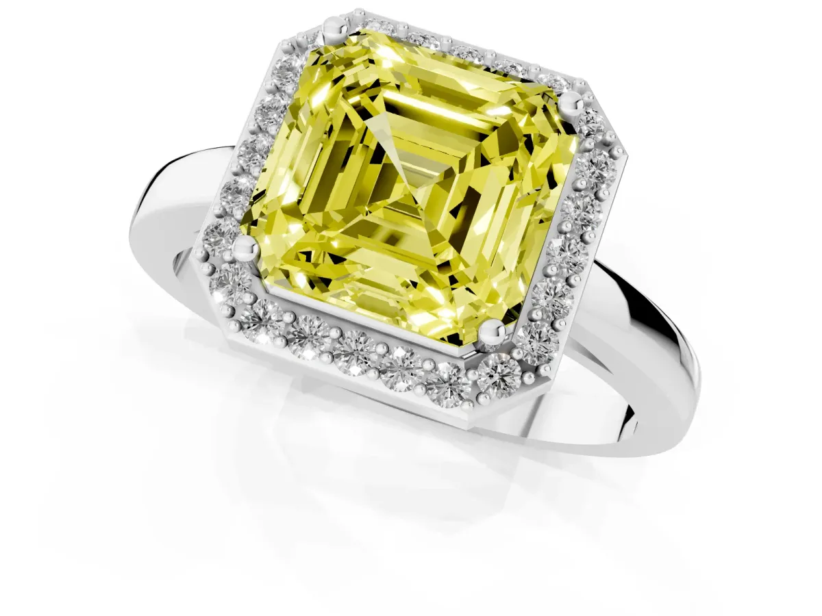 Fancy Yellow Asscher Cut Halo Diamond Ring with Solitaire Band and Prong Setting Silver