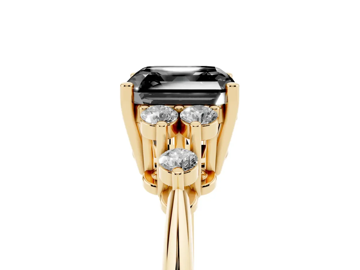 Fancy Black Asscher Cut Cut Diamond Cluster Ring with Solitaire Band and Four-Prong Setting Yellow gold