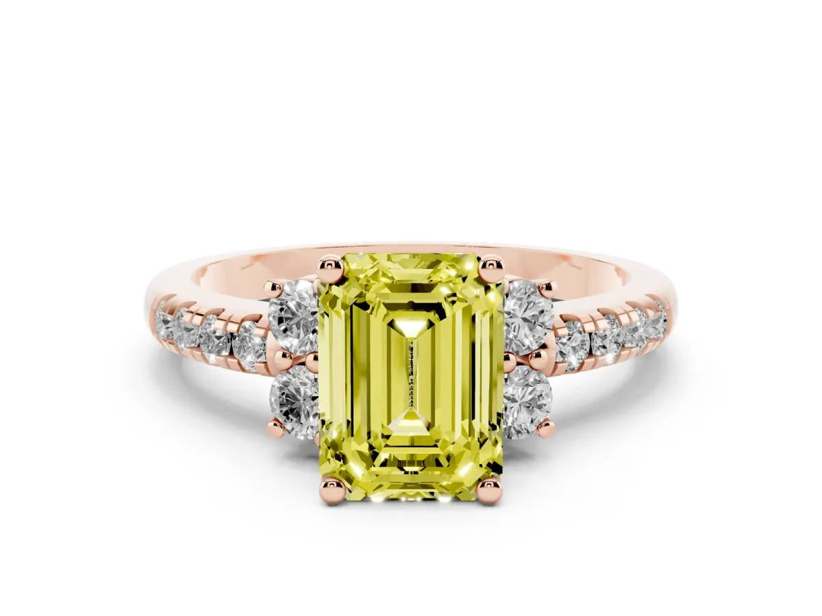 Fancy Yellow Emerald Cut Diamond Three-Stone Pave Band with Four-Prong Setting Rose gold