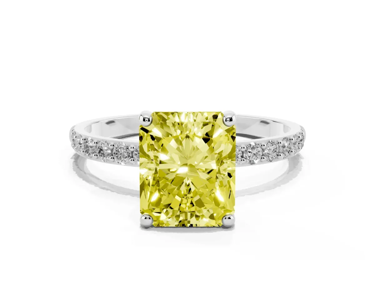 Fancy Yellow Radiant Cut Diamond Solitaire Ring with Round Pavé Band and Prong Setting Silver