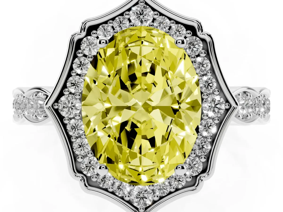 Fancy Yellow Oval Cut Halo Diamond Engagement Ring with Milgrain Band and Four-Prong Setting White gold