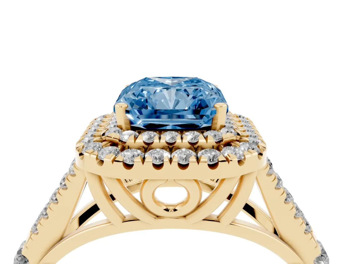 Fancy Blue Radiant Cut Diamond Double Halo Ring with Split Shank and Prong Setting Yellow gold