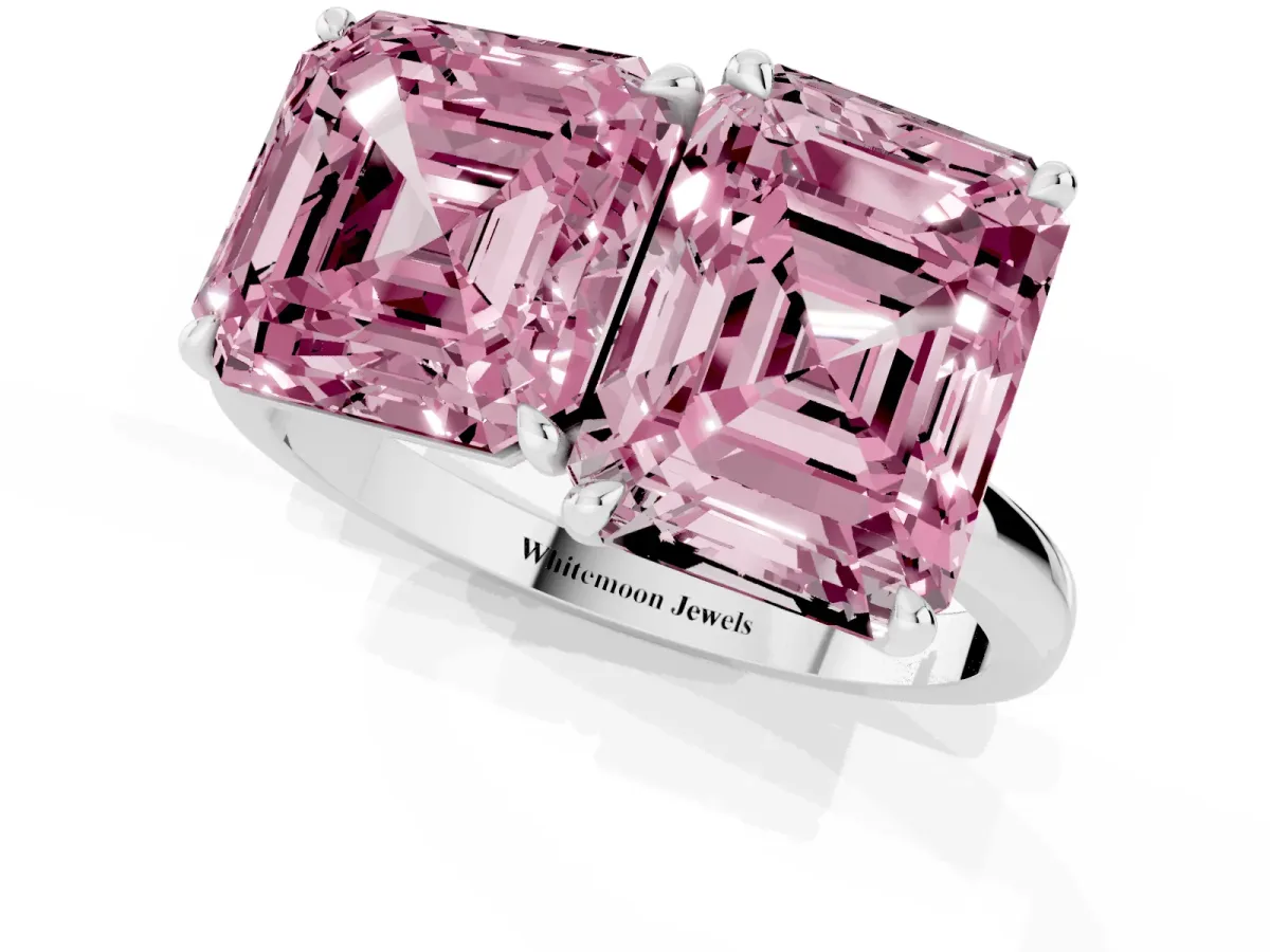Fancy Pink Asscher Cut and Emerald Cut Toi Moi Ring with Prong Setting Silver