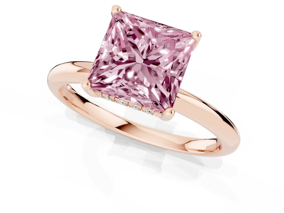 Fancy Pink Princess Cut Cut Solitaire Engagement Ring with Four-Prong Setting and Classic Band Rose gold