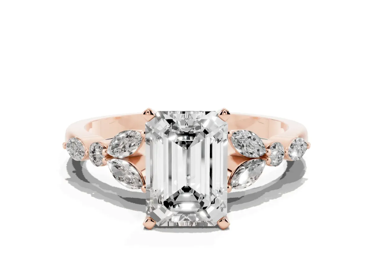Emerald Cut Diamond Solitaire Ring with Side Stones and Four-Prong Setting Rose gold