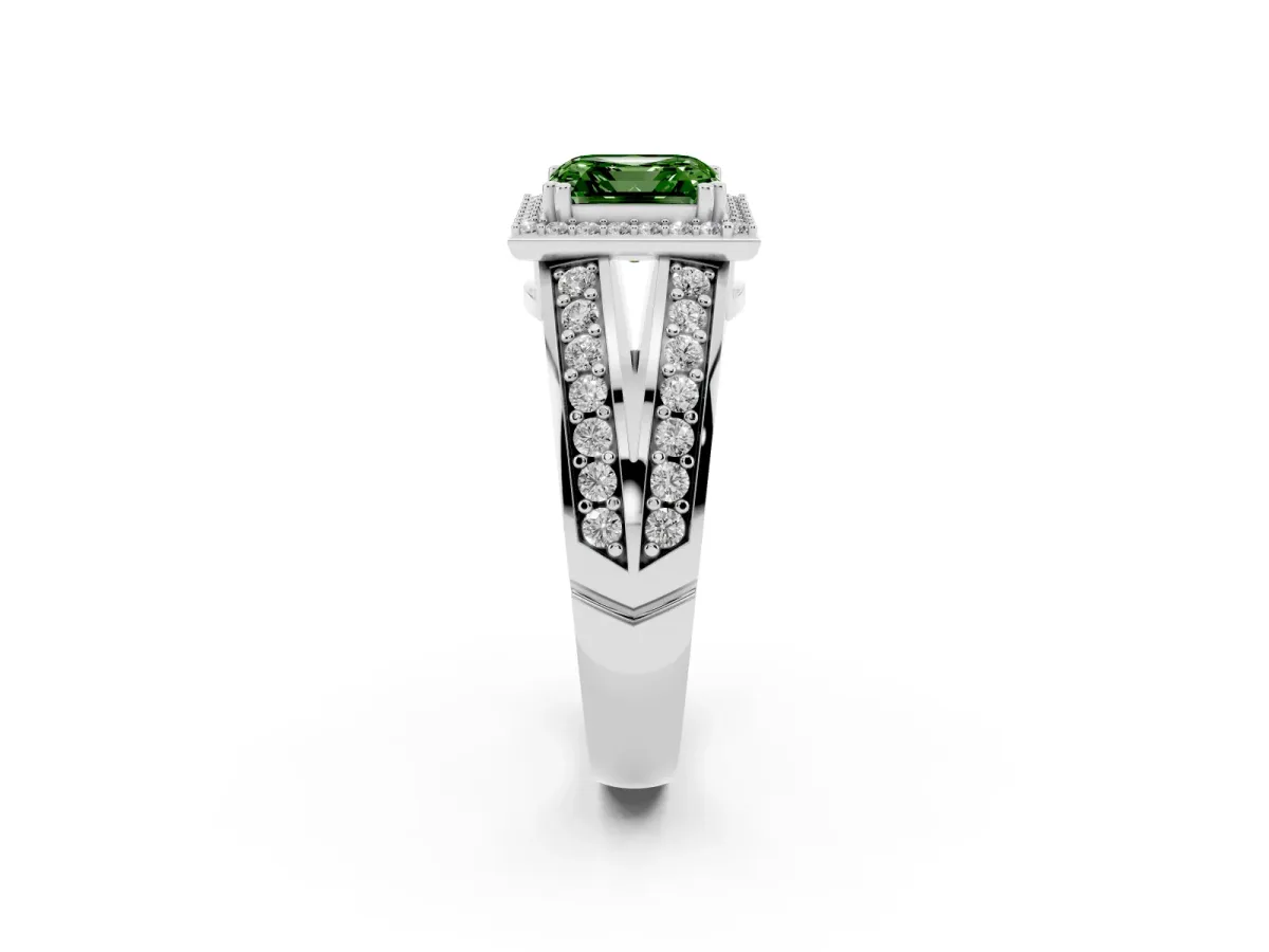 Fancy Green Asscher Cut Diamond Halo Ring with Split Shank Pavé Band and Four-Prong Setting Platinum