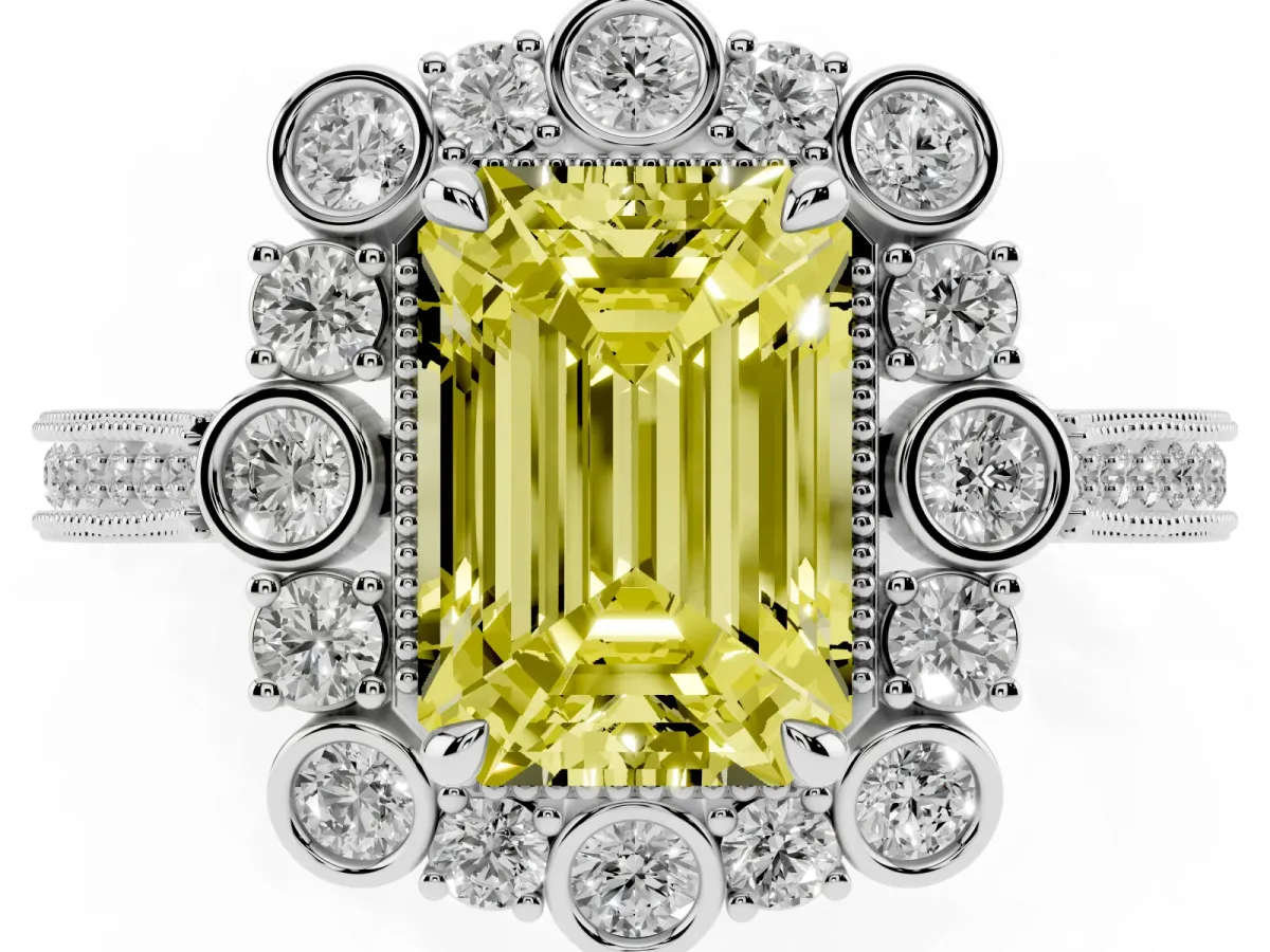 Fancy Yellow Emerald Cut Halo Milgrain Pave Diamond Ring with Four-Prong Setting Silver