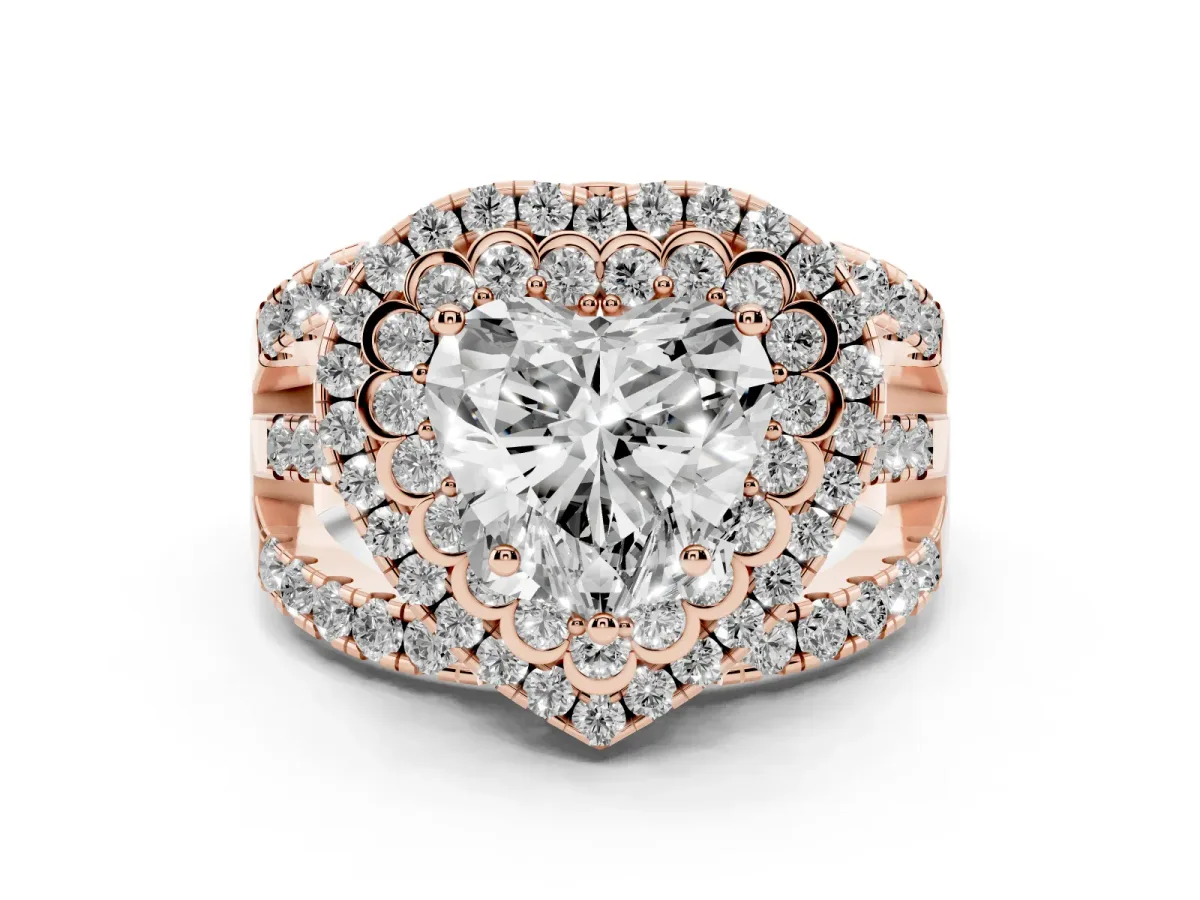 Heart Cut Diamond Double Halo Ring with Round Pavé Split Shank and Prong Setting Rose gold