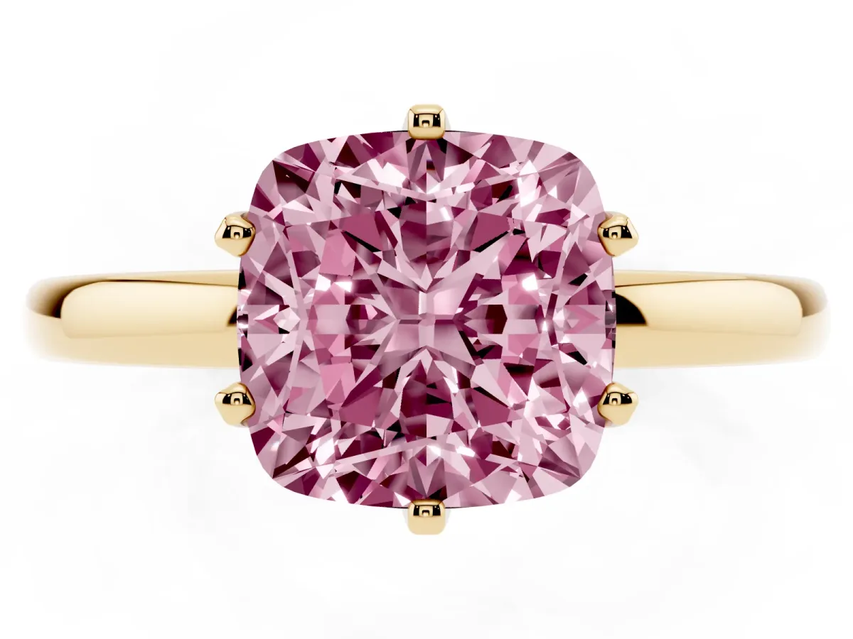 Fancy Pink Cushion Cut Solitaire Diamond Ring with Six-Prong Setting on a Classic Band Yellow gold