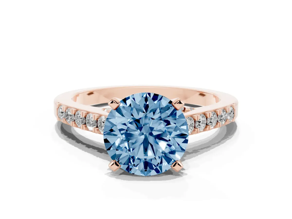 Fancy Blue Round Cut Diamond Solitaire Ring with Crossover Gallery and Round Pavé Band Rose gold