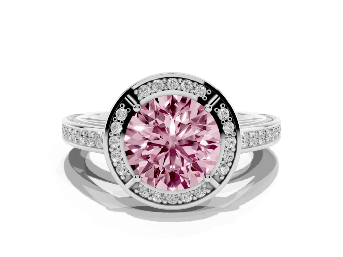 Fancy Pink Round Cut Cut Halo Pave Split Shank Prong Setting Ring White gold
