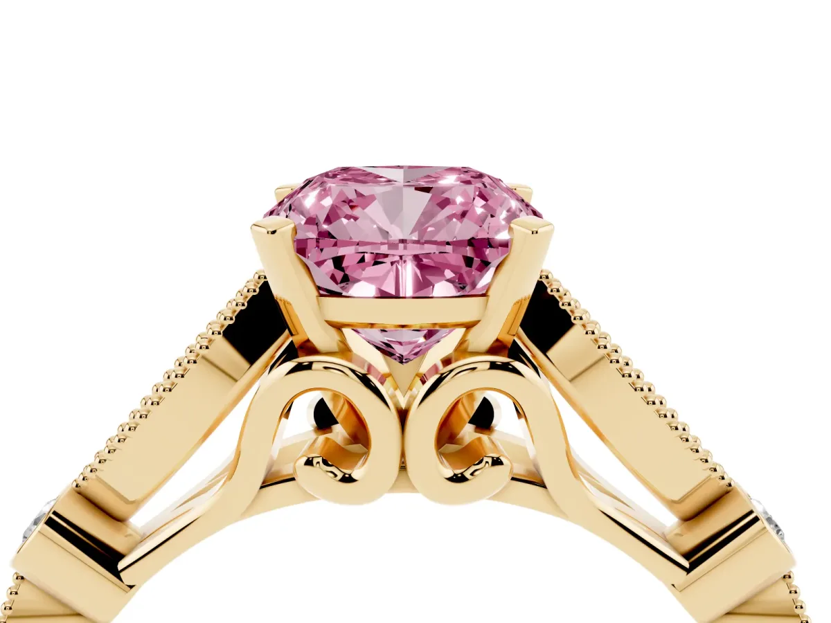 Fancy Pink Cushion Cut Cut Diamond with Milgrain Marquise and Bezel Accents on a Solitaire Band with Prong Setting Yellow gold