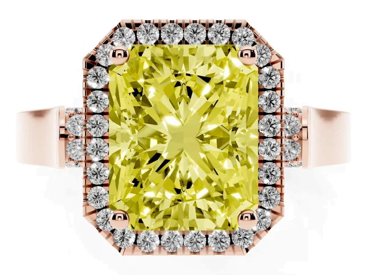 Fancy Yellow Radiant Cut Halo Round Diamond Twist Band with Four-Prong Setting Rose gold