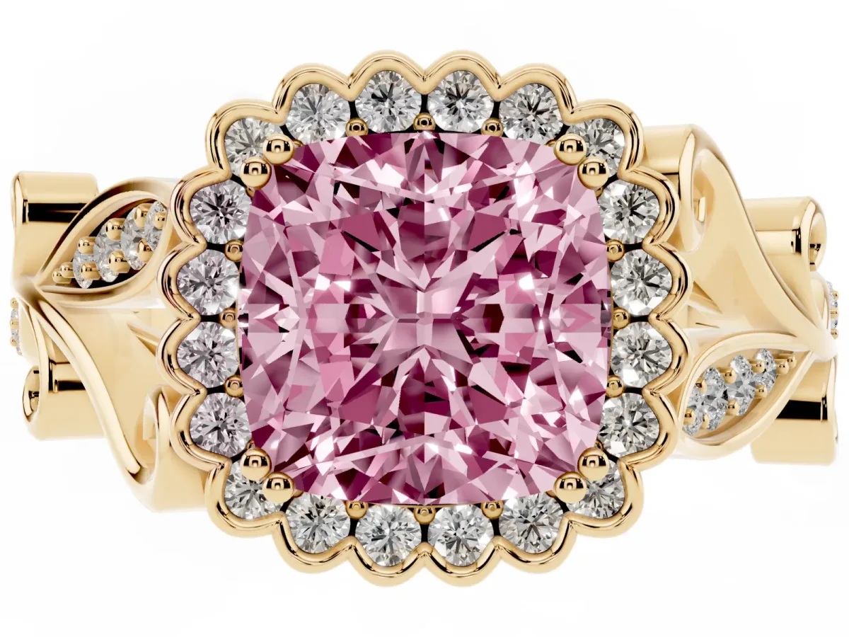 Fancy Pink Cushion Cut Diamond Halo Ring with Vintage Split Shank and Four-Prong Setting Yellow gold