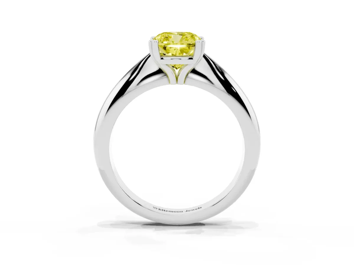 Fancy Yellow Cushion Cut Cut Solitaire Engagement Ring with Tapered Band and Four-Prong Setting Platinum