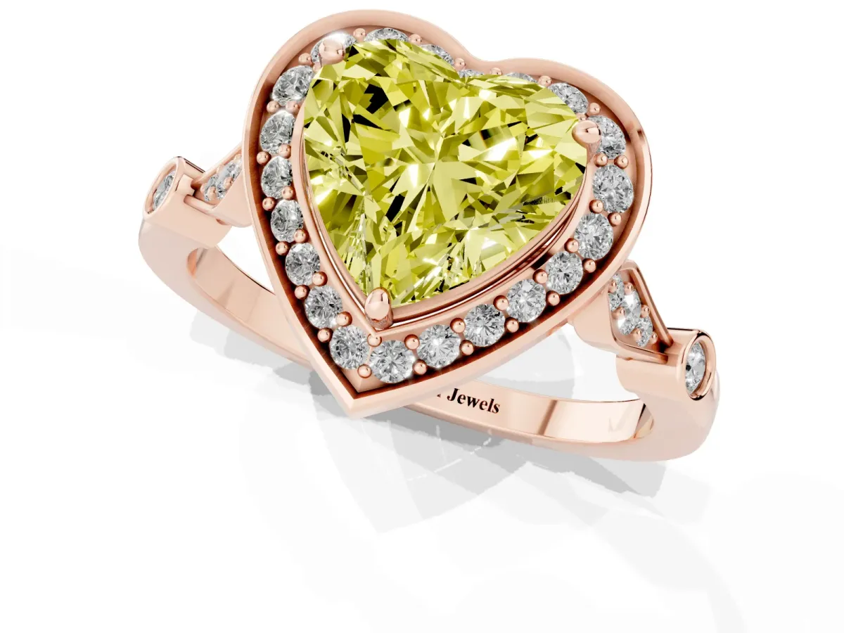 Fancy Yellow Heart Cut Halo Diamond Engagement Ring with Twisted Band and Four-Prong Setting Rose gold