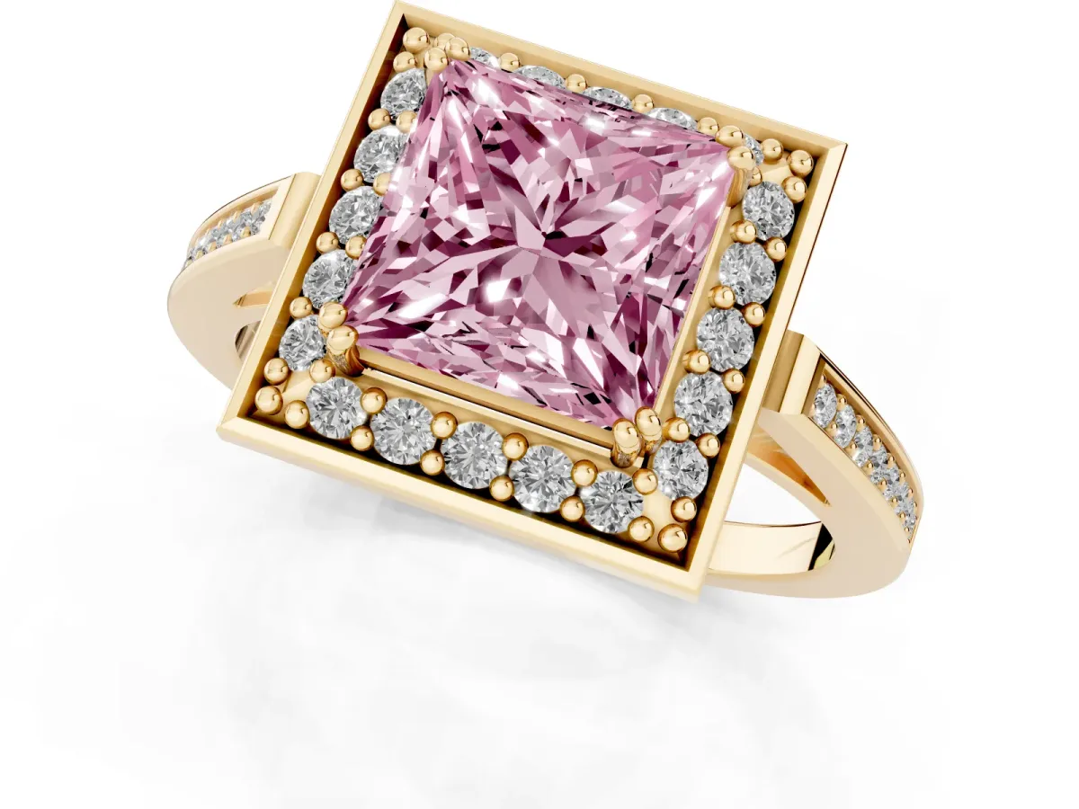 Fancy Pink Princess Cut Diamond Halo Ring with Split Shank and Four-Prong Setting Yellow gold