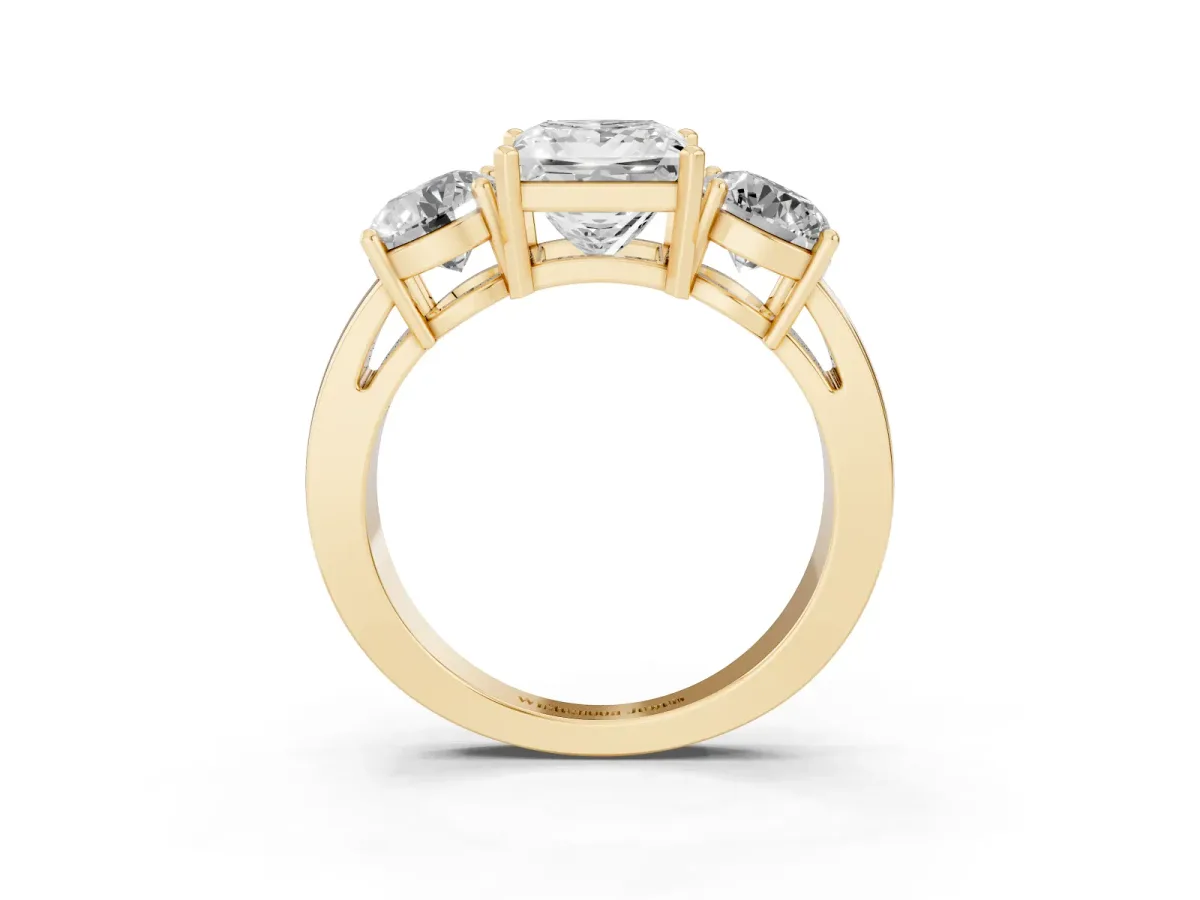 Three-Stone Princess Cut Diamond Ring with Round Side Stones, Classic Band, and Four-Prong Setting Yellow gold