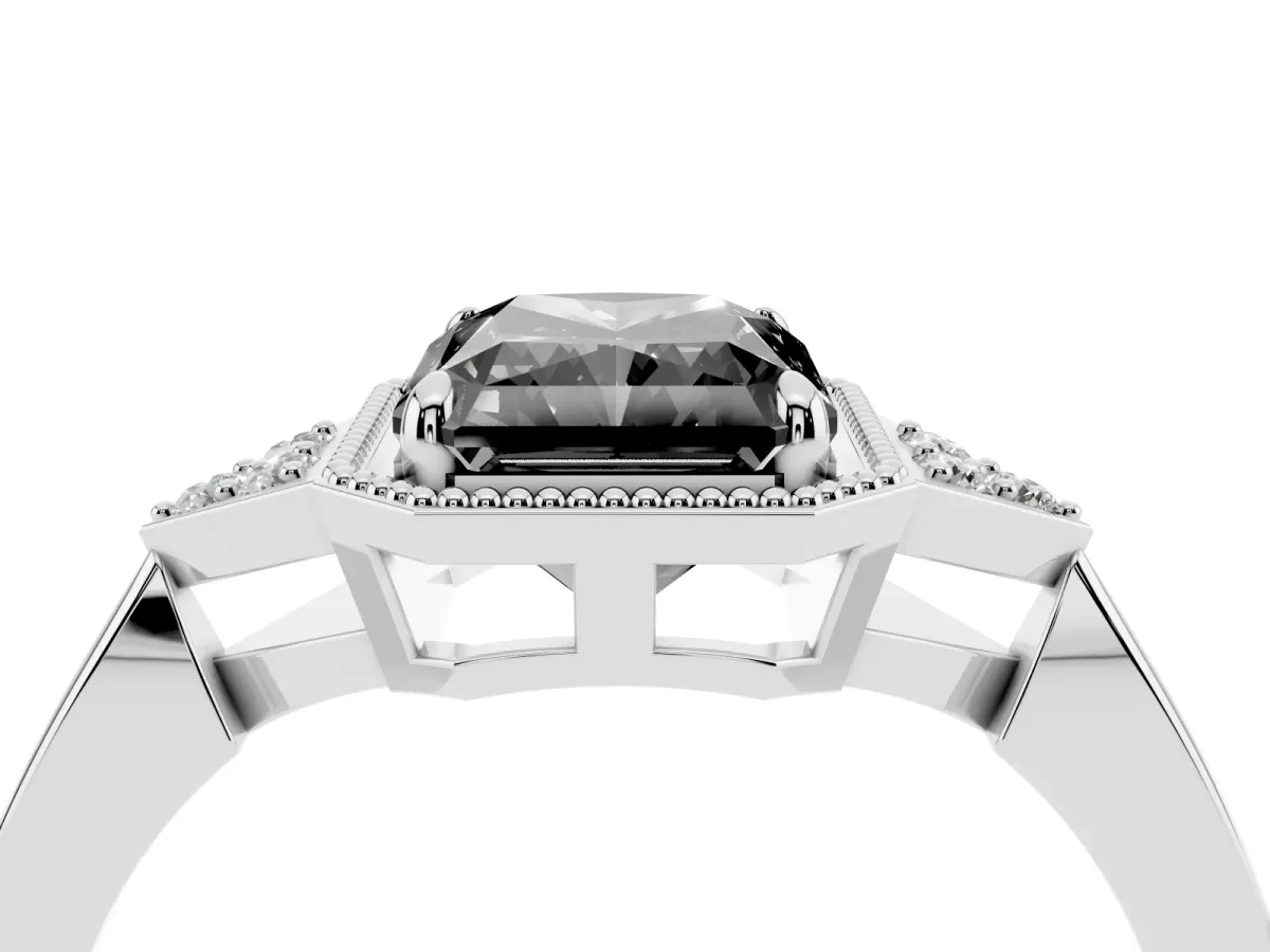 Fancy Black Hexagonal Halo Radiant Cut Diamond Solitaire with Pavé Band and Four-Prong Setting White gold