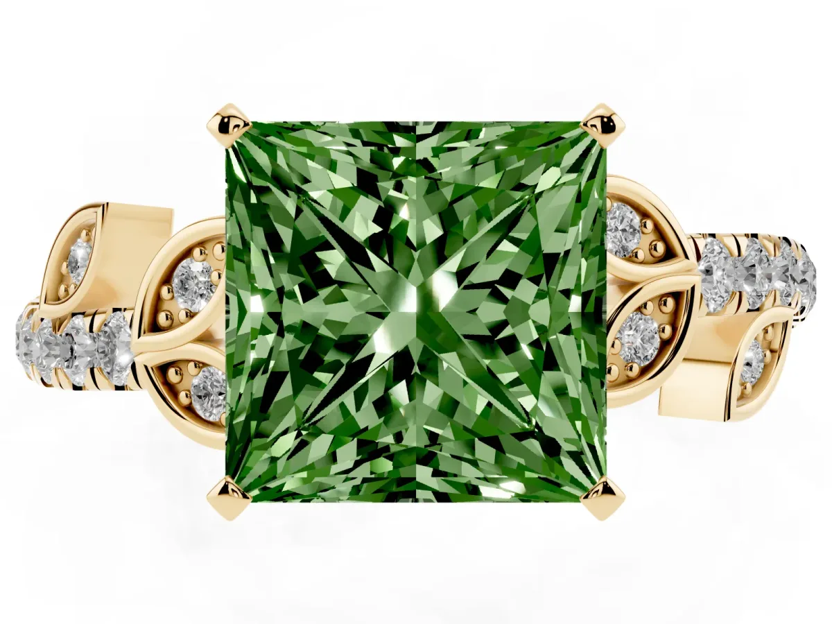 Fancy Green Princess Cut Solitaire Leaf-Inspired Diamond Ring with Pavé Band and Four-Prong Setting Yellow gold