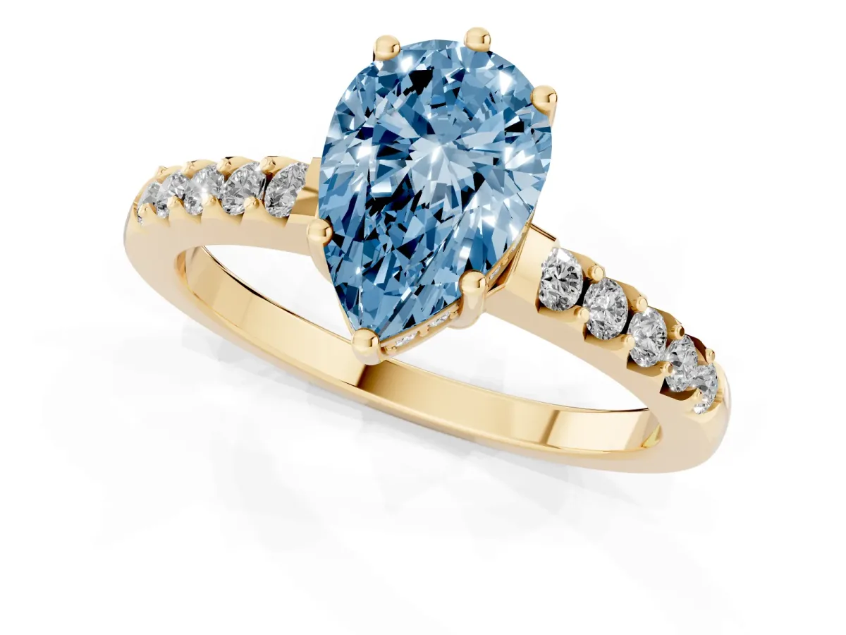 Fancy Blue Pear Cut Solitaire Diamond Engagement Ring with Pavé Band and Six-Prong Setting Yellow gold