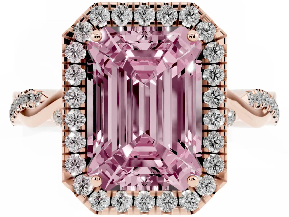 Fancy Pink Emerald Cut Halo Twist Band Solitaire Ring Rose gold