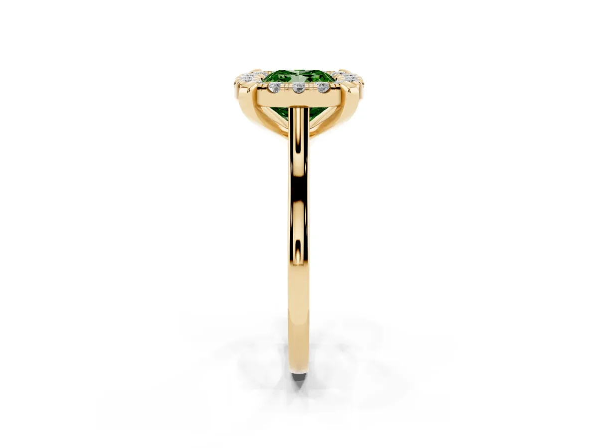 Fancy Green Cushion Cut Diamond Cluster Halo Solitaire with Four-Prong Setting Yellow gold