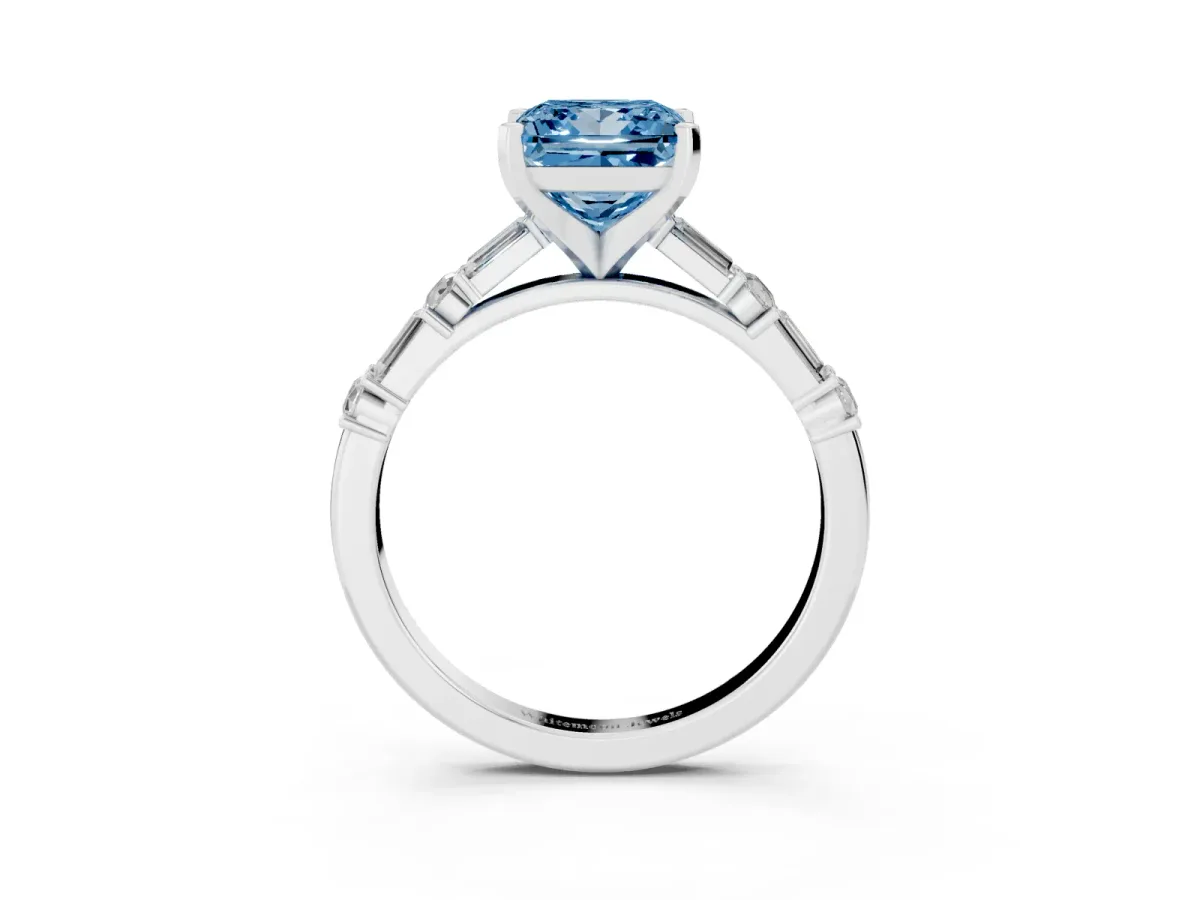 Fancy Blue Princess Cut Diamond Solitaire with Side Baguettes and Channel Set Band Silver