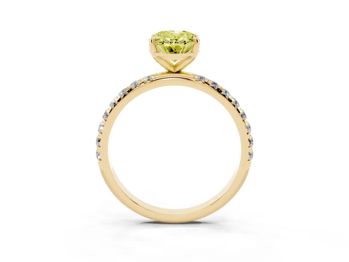 Fancy Yellow Oval Cut Cut Diamond Solitaire Ring with Micro Pave Band and Four Prong Setting Yellow gold