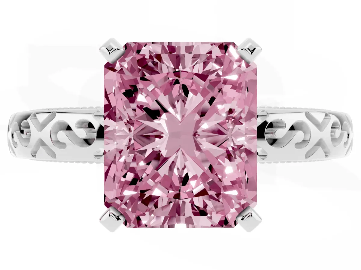 Fancy Pink Radiant Cut Solitaire Engagement Ring with Scrollwork Band and Four-Prong Setting Silver