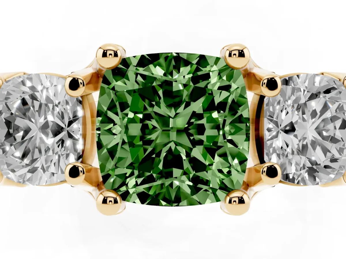 Fancy Green Cushion Cut Diamond Three-Stone Ring with Channel Set Band and Four-Prong Setting Yellow gold