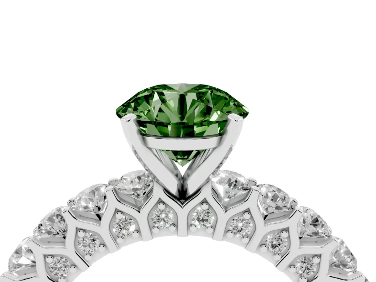 Fancy Green Round Cut Diamond Solitaire Ring with Shared Prong Pavé Band and Four-Prong Setting Silver
