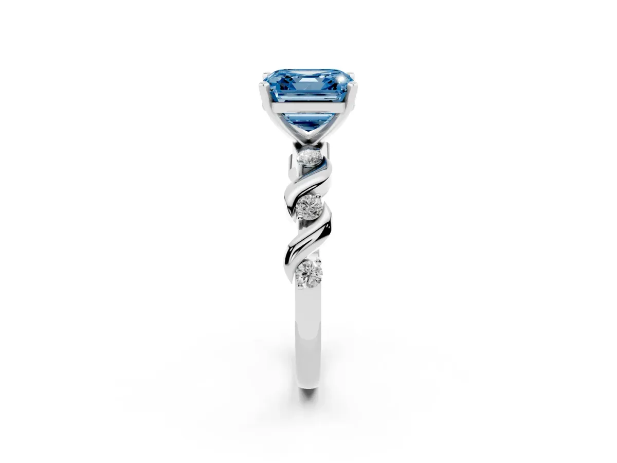 Fancy Blue Asscher Cut Diamond Solitaire Twisted Band with Round Accents and Prong Setting White gold