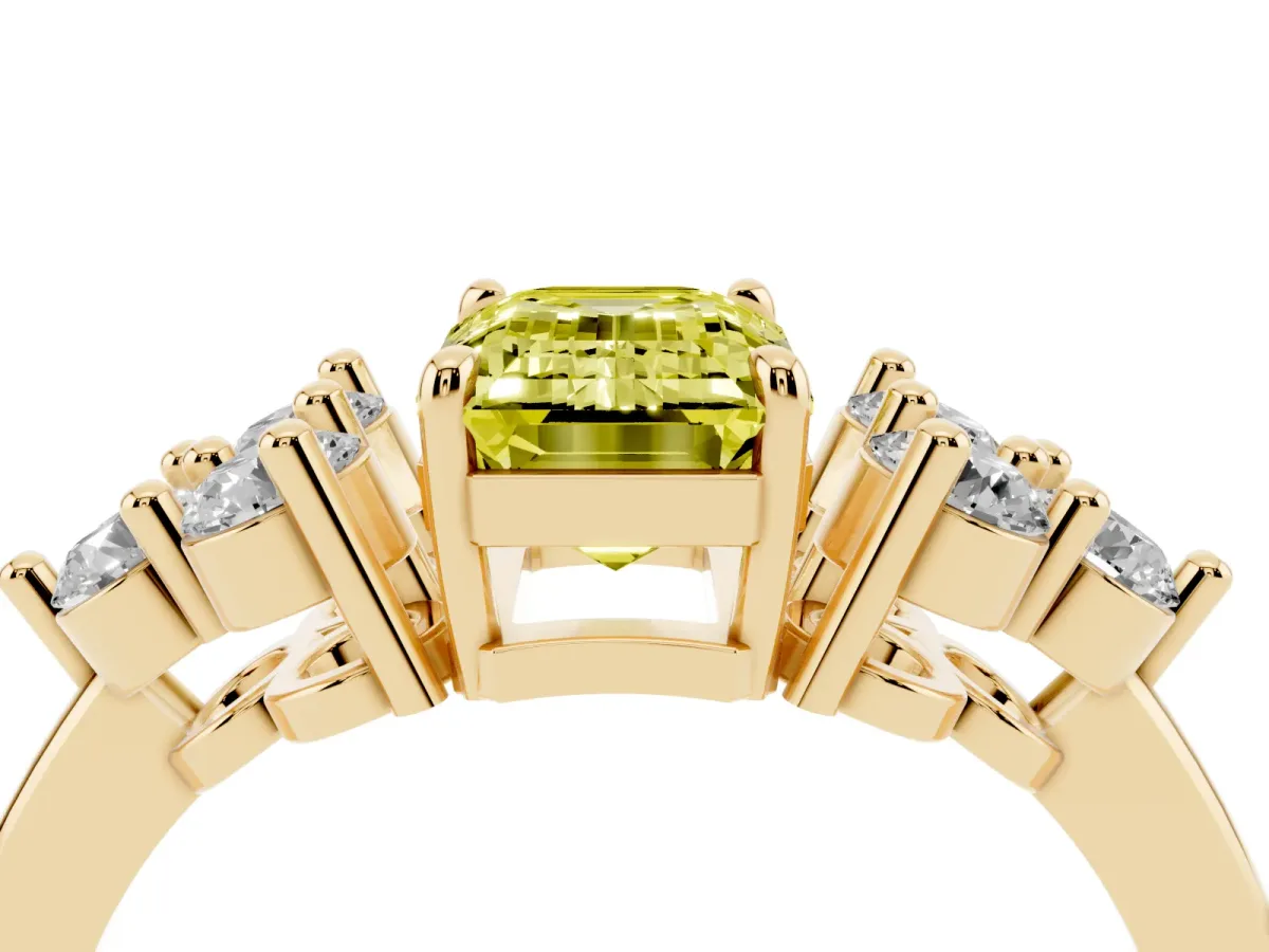 Fancy Yellow Emerald Cut Brilliant Diamond Cluster Accent Solitaire Ring with Prong Setting Yellow gold