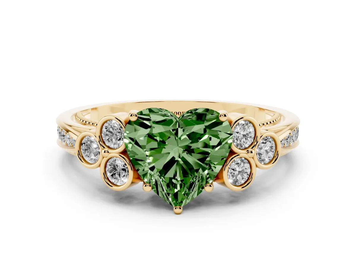 Fancy Green Heart Cut Cut Diamond Engagement Ring with Bezel Set Round Side Stones and Prong Setting Yellow gold