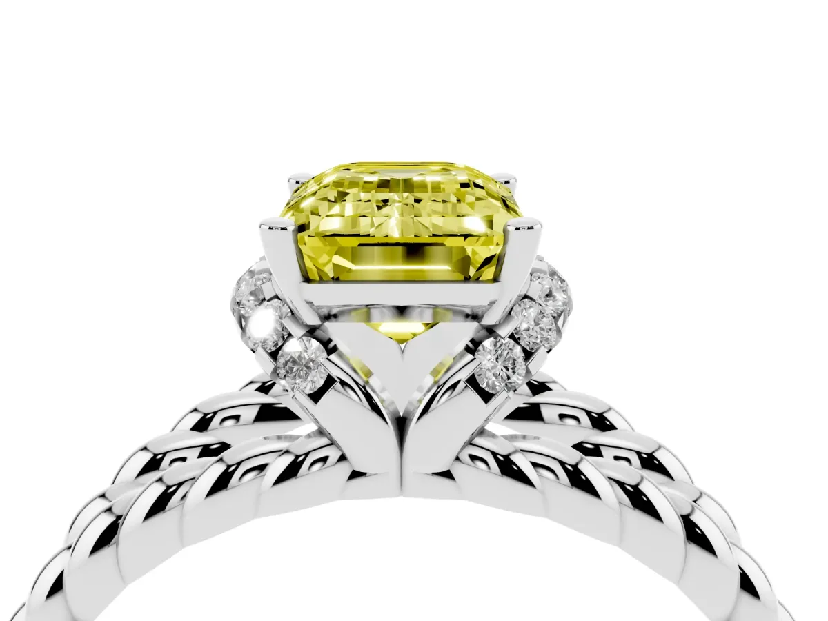 Fancy Yellow Emerald Cut Halo Twisted Band Four-Prong Ring Silver